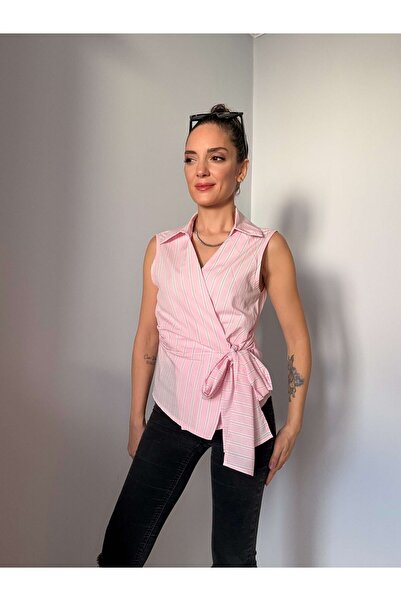 Ali Butik Pembe Çizgili Sıfır Kol Poplin Gömlek