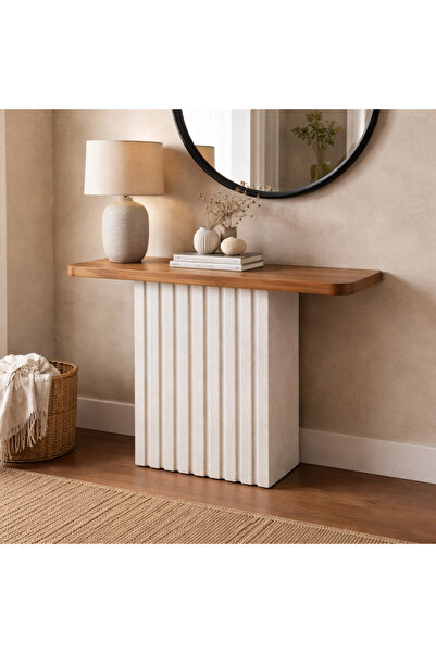 Vi Markets A modern console table featuring a smooth wooden top and a vertica...