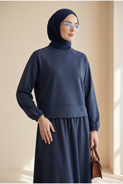 Modamorfo Round Neck Bat Sleeve Elastic Waist Skirt Suit - Petrol