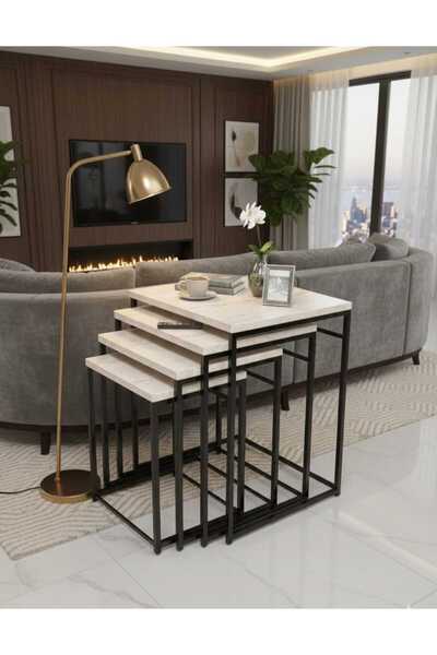 Nokta Sehpa Home CANFEZA 4LÜ SİYAH METAL TRAVERTEN TABLA ZİGON SEHPA ORTA SEH...