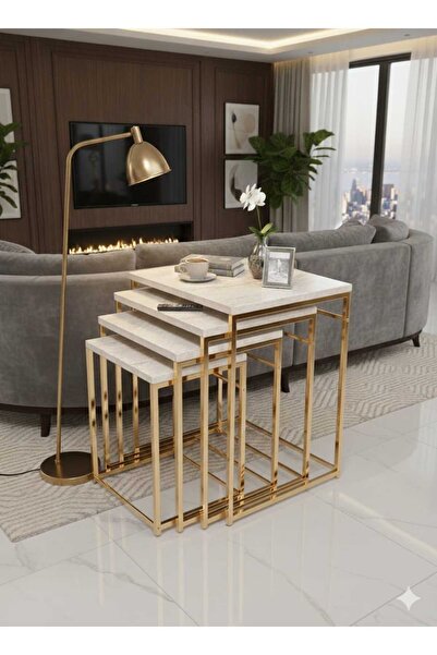 Nokta Sehpa Home CANFEZA 4LÜ GOLD METAL TRAVERTEN TABLA ZİGON SEHPA ORTA SEHP...