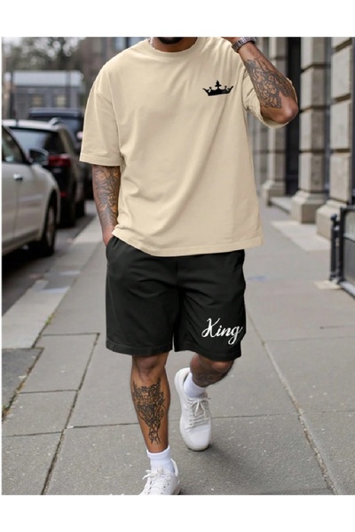 PENTHİLUS طقم رجالي من قطعتين - تي شيرت وشورت كبير الحجم - طقم من قطعتين (تي ...