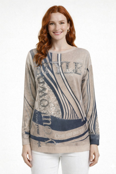 Neden Tekstil Stone Color Text Patterned Crew Neck Comfortable Fit Knitwear S...