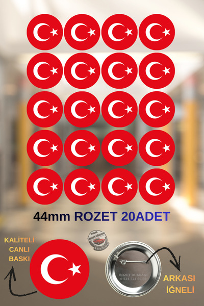 tuse rozet dükkanı Türk Bayrağı Rozeti 20 Adet – 44mm Ay Yıldız Rozet