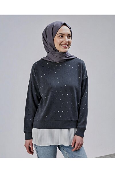 modam miss antrasit etek ucu pileli taşlı sweatshirt tesettür tunik