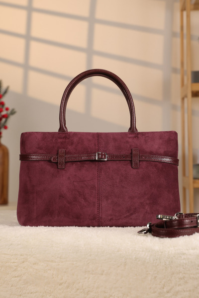 EMİNSA DERİ Dusty Rose Color Genuine Suede Shoulder Bag - Handheld - with Sho...