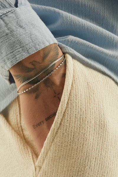 Fjellor Eylador Silver Color Thin Herringbone & Rolo Chain Men's Stainless St...