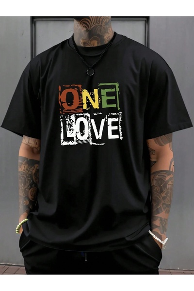 Vordevia Tricou unisex oversize negru cu imprimeu One Love, tricou de zi cu z...