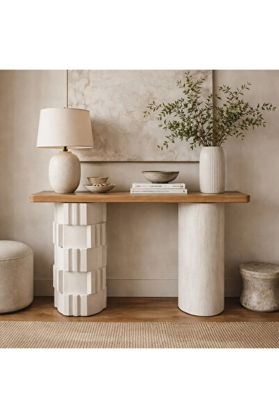 Vi Markets A modern console table featuring a natural wooden top supported by...