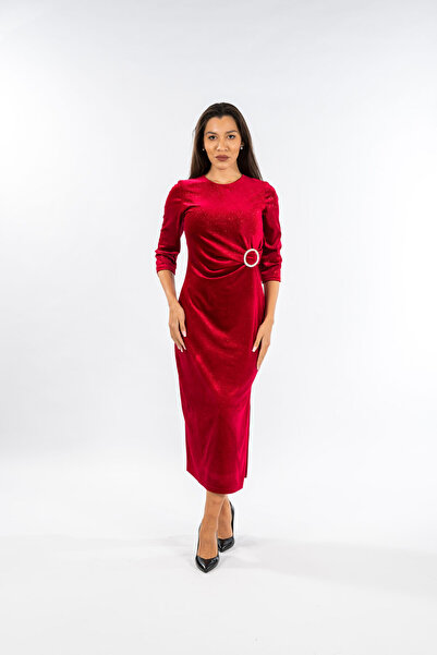 Gorgeaux Rochie din Catifea Rosie cu Catarama Alicia - 3XL(46)