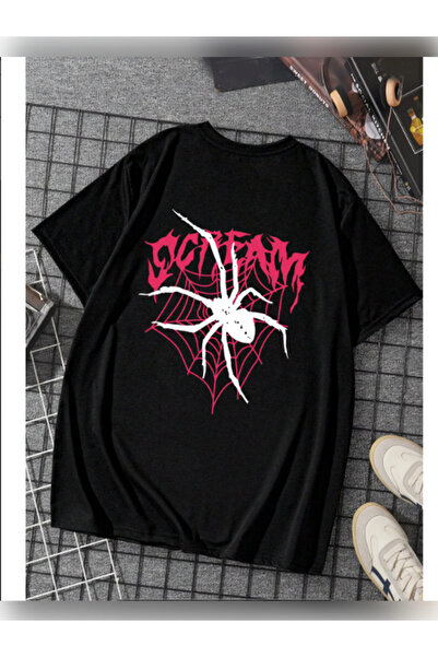 TİMİSİVA Unisex Oversized Sanatsal Printed Crew Neck Short Sleeve Black T-Shirt