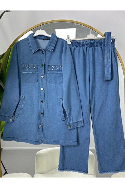 VOLT CLOTHİNG Women's Stone Embellished Belted Denim Suit