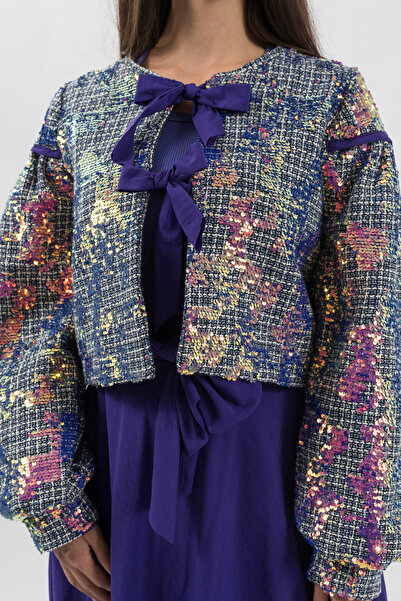 Gorgeaux Elegant Purple Floral Jacket with Bows - S