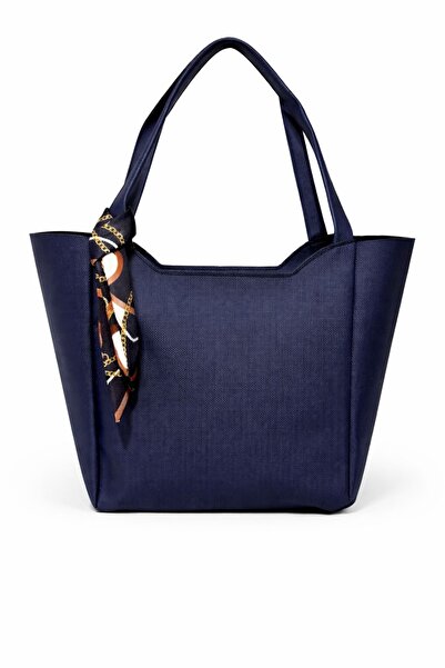 Livayssçanta Kadın Fularlı Fermuarlı Lacivert Vizon Shopper El ve Omuz Çantası