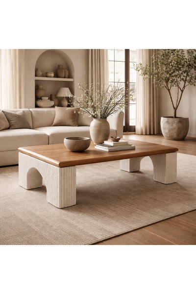 Vi Markets طاولة قهوة مستطيلة حديثة تتميز بسطح خشبي أملس وأرجل منحوتة ذو ملمس...