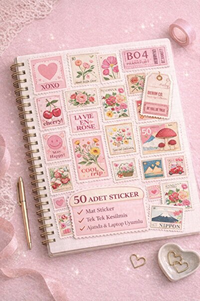 LABELOVE Posta Pulu Vintage Sticker Seti 50+ Adet – Pembe Çiçek & Aşk Temalı – Ajanda Laptop Sticker