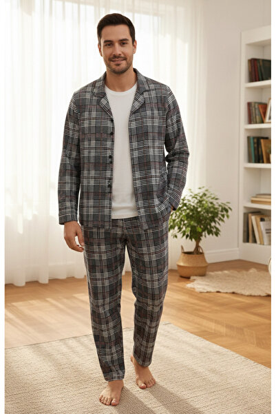 YusGos Men's Apaj Collar Plaid Buttoned 100% Cotton Pajama Set