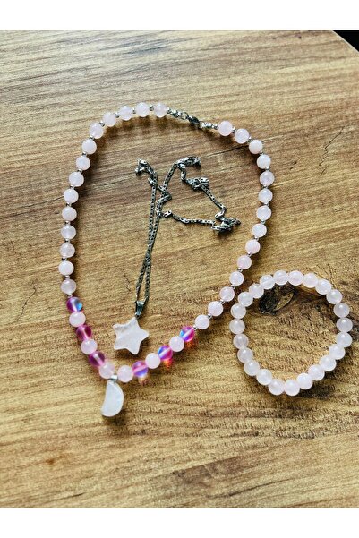 Shine Elagance Natural Stone in Steel Chain End Piece Pink Quartz Star Combin...