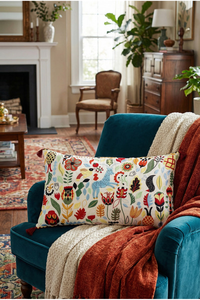 IKEA RÖDARV Geleneksel Desenli Nakışlı Kırlent, Renkli, 40x65 cm