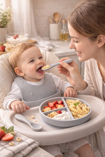 Ventoze Non-Slip Silicone Baby Feeding Set with Vacuum Base |   3-Piece Blw Set Stain-Resistant Apron + Spoon