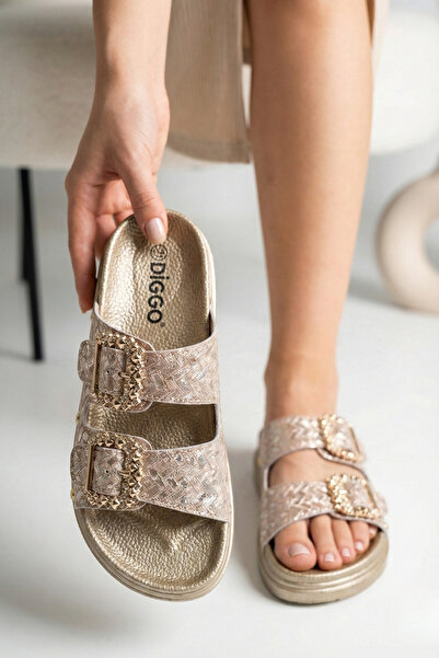 DİGGO Women's Imported Shiny Leather Slippers, Double Buckle, Comfortable Sol...