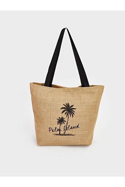 LC Waikiki Μπεζ με τύπωμα Ψάθινη Γυναικεία Παραλία Τσάντα σι (S6)