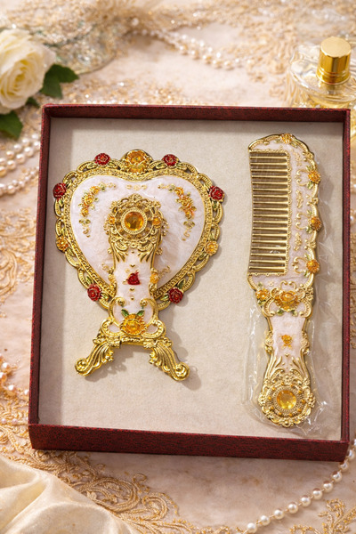 hediyeconcepti Luxury Heart Design Hand Mirror & Comb Set – Vintage Floral Em...