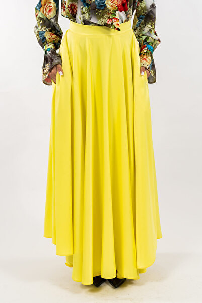 Gorgeaux Long Yellow Satin Skirt with Pockets - M(38)