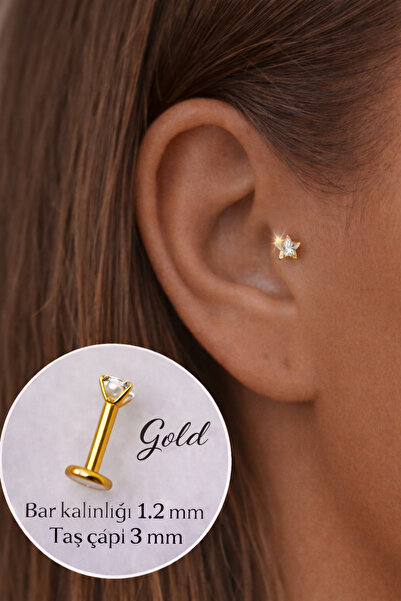 Mu Minamu Zirkon Yıldız Taşlı Cerrahi Çelik Piercing Minimal Helix Tragus Kık...