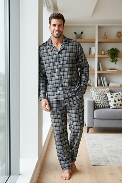 YusGos Men's Apaj Collar Plaid Buttoned 100% Cotton Pajama Set