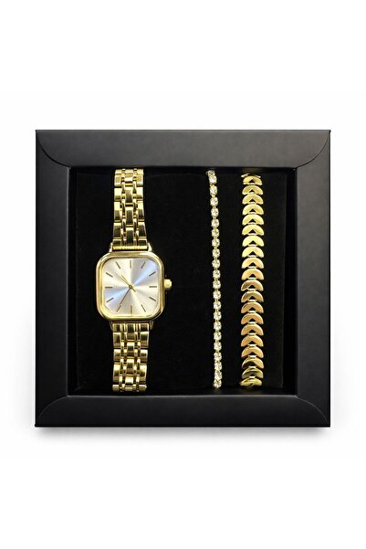 SEES AKSESUAR Kadın Gold Renk Kare Kadran Saat ve Taşlı Bileklik Seti – Şık 3...