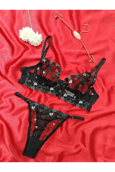 RUYAZ TEKSTİL Black Bra Set Transparent Heart Embroidered Bralette Thong