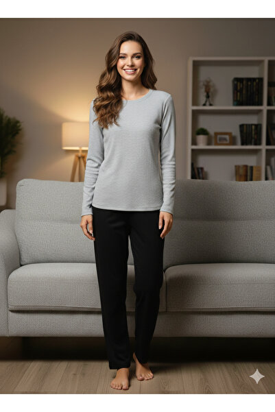 Butik Gri bisiklet yaka uzun kollu fitilli kadın bluz