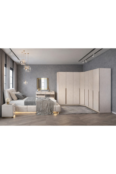 eos mobilya Modern LED’li Köşe Yatak Odası Takımı | 346x246 cm Gardırop + Kar...