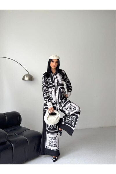 WellWay Imported Jessica Fabric Shirt & Trousers 2-Piece Set-Black Floral-2619