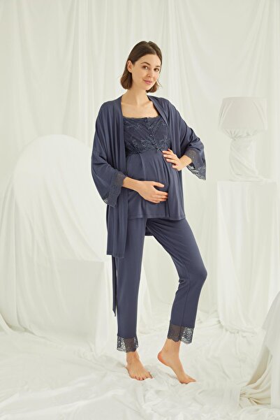 MONAMİSE Women'S, Viscose, Navy Blue, Lace Front Buttoned Maternity 3-Piece P...