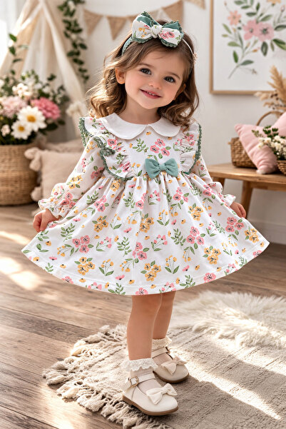 Atlas Baby House Kız Bebek-Çocuk Çiçekli Bandanalı %100 Pamuk Elbise