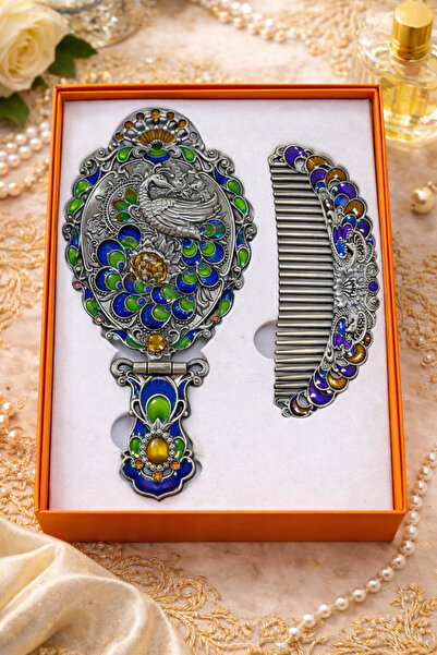 hediyeconcepti Set oglindă și pieptene cu model de păun otoman, stil vintage ...