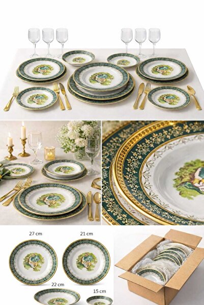 Pardis Chine 6 Kişilik 24 Parça Vintage Desenli Porselen Yemek Takımı – Altın...