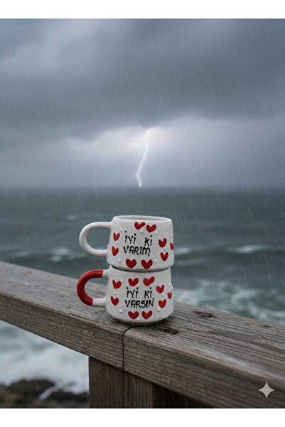 CEYU SERAMİK “İyi Ki Varım – İyi Ki Varsın” Kalp Desenli Seramik Kupa Seti (2...