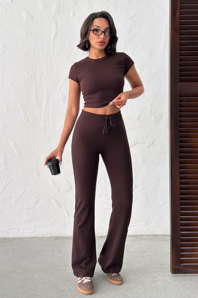 veres Mila Brown Bodycon Stretch Knitted Crop Tshirt and Spanish Flare Leggin...