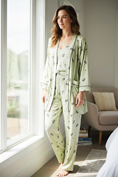 Star Fashion Women's pajamas with robe, 3 pieces, tank top with adjustable st...