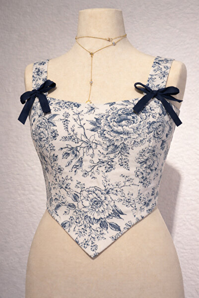 KARDELEN YAPALI MAVİ Çiçek Desenli Kurdele Askılı Korse Büstiyer