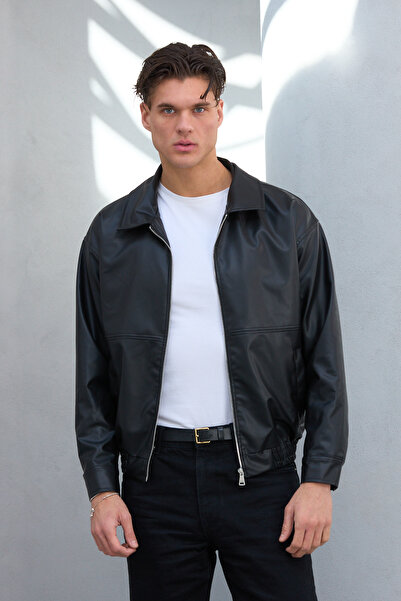 Bossago Men's Black Leather Jacket - Comfortable Fit Seasonal Black Leather J...