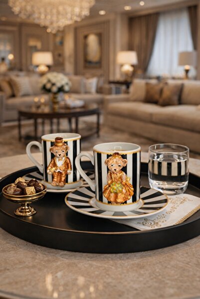 FZB Art Studio 2'li Set El Yapımı Şık Ayıcık Figür Kahve Fincanı Teddy Siyah ...