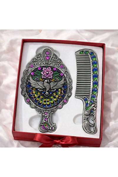 hediyeconcepti Ottoman Palace Collection Embroidered Hand Mirror and Comb Set...