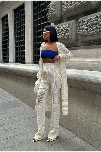 Bliss Women's Knitwear Transparent Top and Bottom Set Cardigan Pants Set