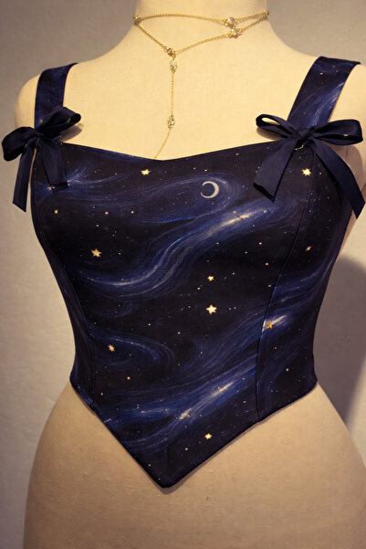 KARDELEN YAPALI Gece Gökyüzü Desenli Bağcıklı Büstiyer Korse