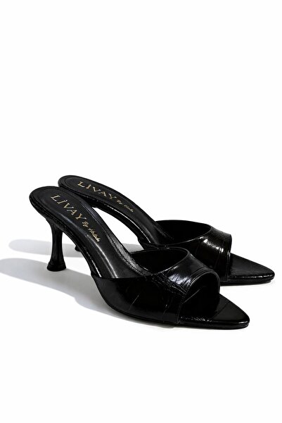 halabi moda Women's Black Croco Pointed Toe Low Heel Sandals