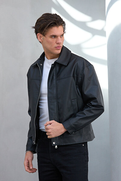 Bossago Men's Black Leather Jacket - Relaxed Fit Regular Fit Jacket